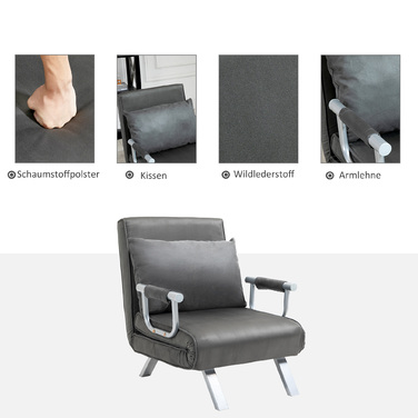 HOMCOM Диван-ліжко 3-в-1 Крісло-ліжко Гостьове ліжко Розкладний матрац Chaise Longue 65x69x80см Штучна Шкіра Сірий