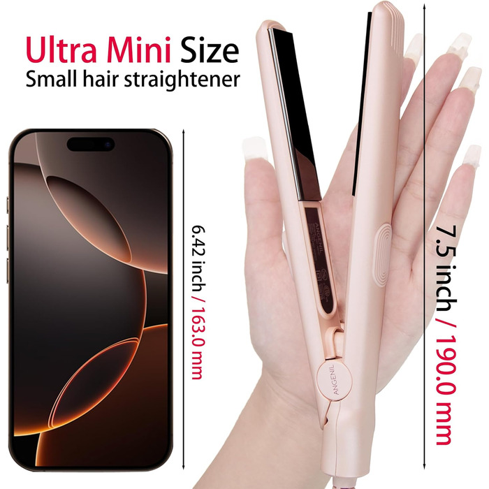 ANGENIL Pro Mini Титановий випрямляч та плойка 2-в-1 для волосся, компактний дорожній формат, швидкий нагрів 20 сек, сірий колір