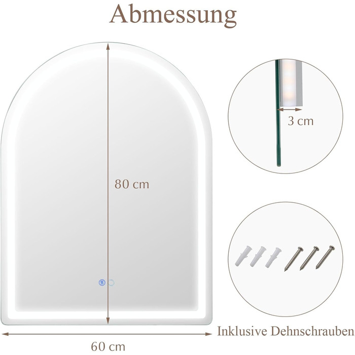 Дзеркало для ванної кімнати RELAX4LIFE з підсвіткою, настінне, напівкругле, 80 x 60 см, LED, сенсорне керування, функція пам'яті, запобігання запотіванню, без рами, 3 кольори світла, регулювання яскравості