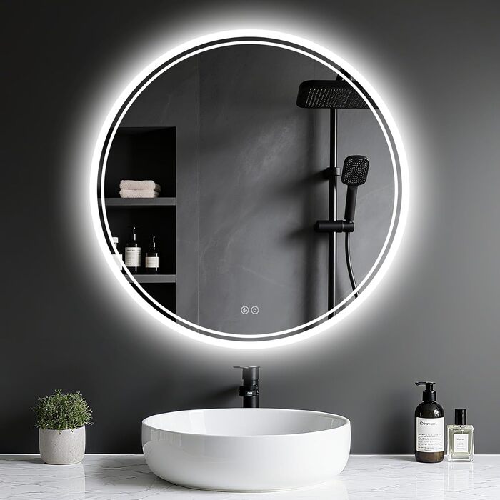 Дзеркало для ванної кімнати з підсвічуванням LED, кругле 50см, сенсорне керування, регулювання яскравості, функція пам'яті, дзеркало з HD склом, захист від вибуху, антизапотівальне покриття, 3 кольори світла, 70x70 см