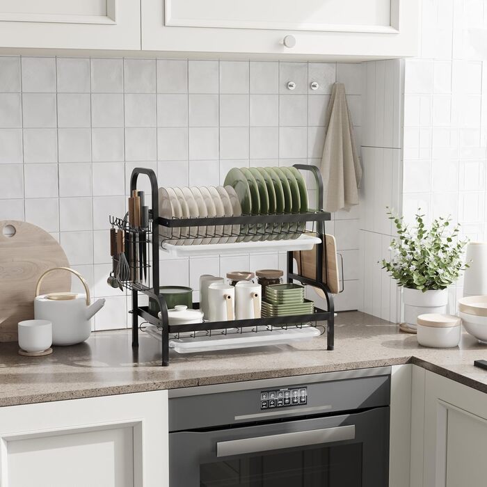 Сушарка для посуду NETEL 2-ярусна, чорна: з піддоном, тримачем для столових приборів, підставкою для ножів та склянок