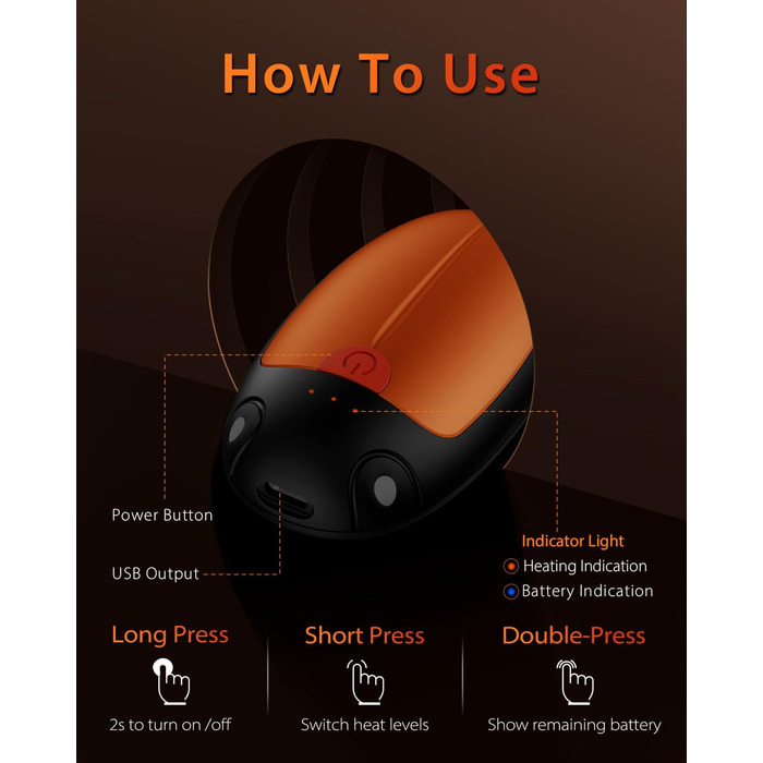 Електричні грілки для рук VTHW, набір 2 шт. - 20 годин тепла, USB, 3 температурні режими, для спорту та Raynaud's, помаранчевий