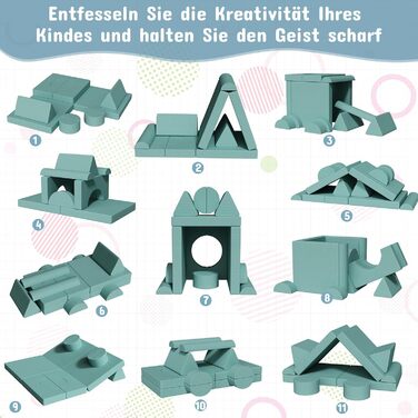 Дитяче ігрове диван-крісло, 15-ти частинний модульний диванчик, розкладний диван для дітей, сертифікат Oeko-TEX®100, диван з пінопласту, для куточка у дитячій кімнаті, велюрова тканина (зелений)