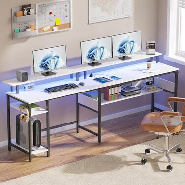 Ігровий стіл Rolanstar L-подібної форми з LED-підсвічуванням та розеткою, 137 x 108 см, комп'ютерний стіл з підставкою для монітора та місцем для зберігання, реверсивний кутовий стіл для офісу, домашнього офісу (Білий)