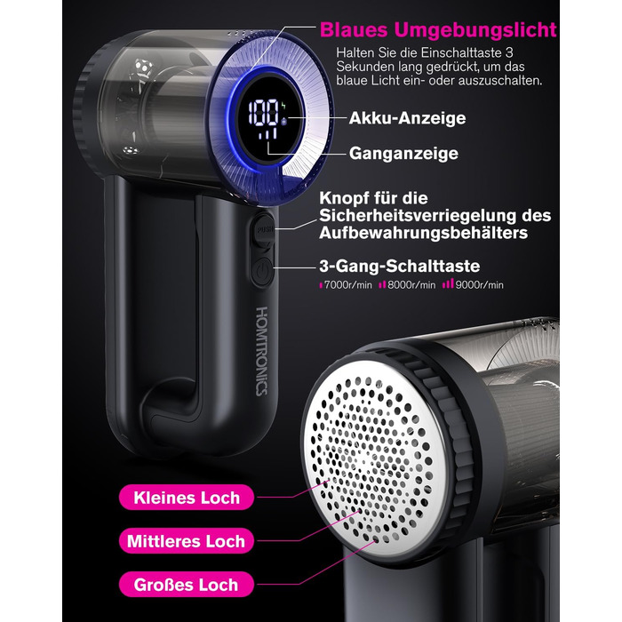 Електричний видальник ворсу Homtronics з USB-зарядкою, LED-дисплеєм та 6-ма лезами для одягу, диванів та килимів, чорний