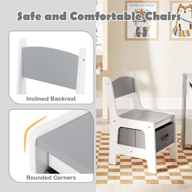 Дитячий стіл LIFEZEAL 3 в 1 з 2 стільцями: стіл для малювання, активностей та обідній стіл. Дитяча меблева група з дерева з місцем для зберігання (сірий)