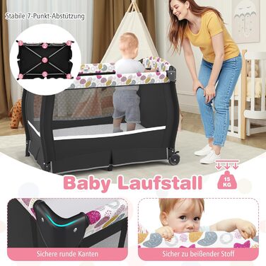 Дитяче туристичне ліжко COSTWAY 5 в 1 з матрацом, бебі-ліжко, ліжко-гойдалка з регульованим козирком, пеленальний столик, музична іграшка та сумка, до 15 кг