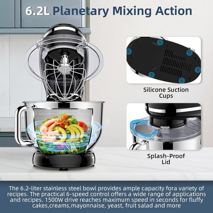 Кухонна машина Cheflee 2000W з чашею 6.2L з нержавіючої сталі, 6 швидкостей, низький шум, міксер, гак для тіста, захист від бризок, чорна