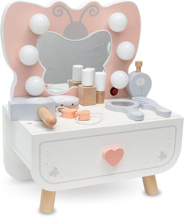 Детський туалетний столик Mamabrum XXL з дерева з пуфом та LED-дзеркалом – для дівчаток від 3 років, з ящиком та аксесуарами для макіяжу, ігровий набір та письмовий стіл (MAM242 DRESSING TAB)