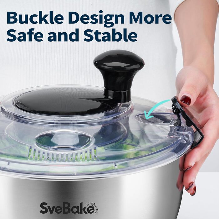 Салатниця-швидкоочисник з нержавіючої сталі 18/10 з ручним приводом та мискою об'ємом 4,5 літра, придатна для миття в посудомийній машині, чорний прозорий кришка