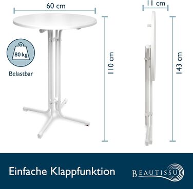 Стіл Beautissu розкладний, діаметр 70 см, білий Bellini – стійкий, вологостійкий, з антиковзким покриттям. Підходить для вулиці, кафе, барів, вечірок. Легка збірка, міцна конструкція, Ø 70 см.
