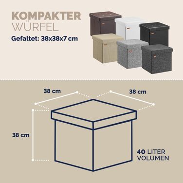 Пуф Casaria® з місцем для зберігання, білий, складний, з м'яким сидінням, 38x38 см. Підходить для спальні, вітальні, передпокою.