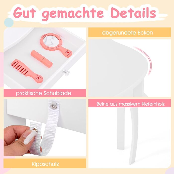 Детский туалетный столик COSTWAY 2-в-1 с LED-подсветкой, зеркалом и ящиками, для девочек (белый)