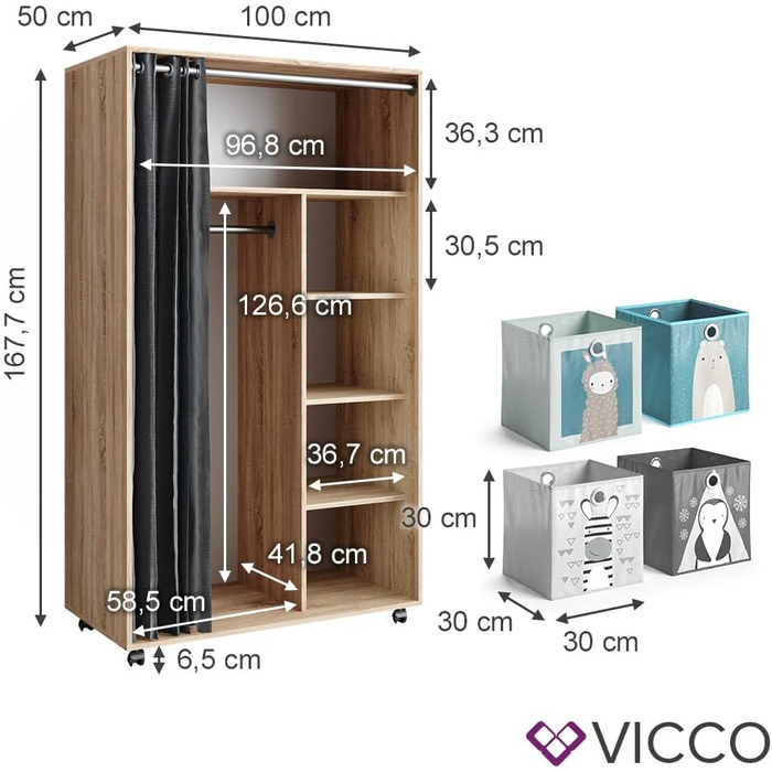 Шафа-купе Vicco Doros, Sonoma, 100 х 168 см відкрита, з коліщатками 100 х 168 см з відкидними ящиками Sonoma