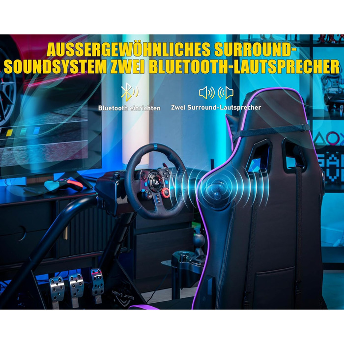 GTPLAYER Симулятор кокпіт для гонок, стійка для керма та педалей з динаміками (Ліловий)