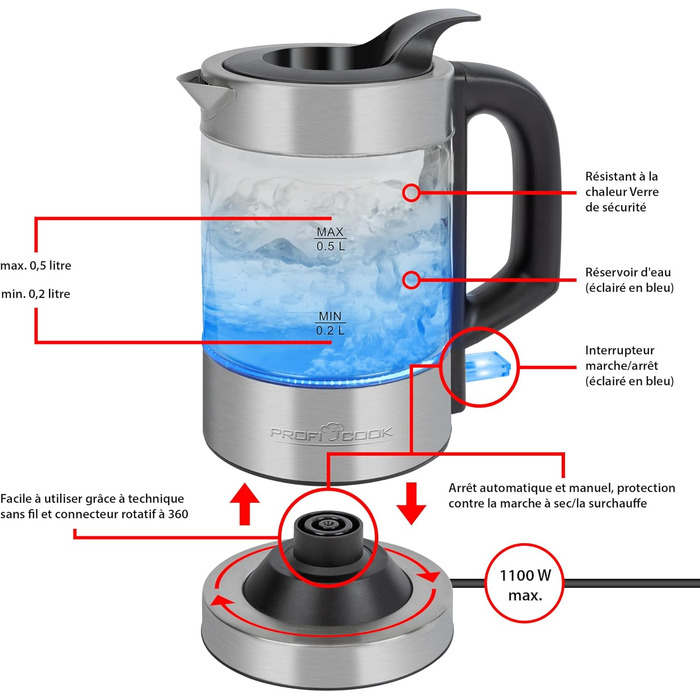 Чайник ProfiCook зі скла та нержавіючої сталі 0,5 л, LED, керування однією рукою, індикатор рівня води, 1100 Вт, PC-WKS 1228