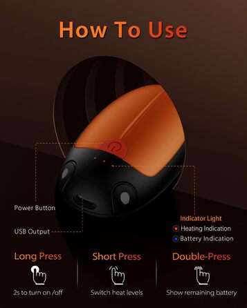 Електричні грілки для рук VTHW, набір 2 шт. - 20 годин тепла, USB, 3 температурні режими, для спорту та Raynaud's, помаранчевий