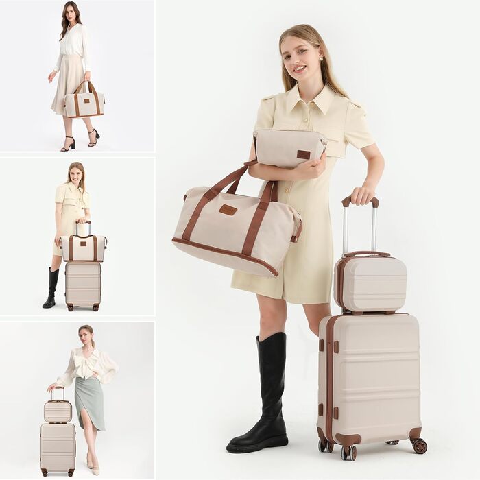Набір валіз KONO 6-ти частинний: велика валіза, середній кофр, ручна сумка, косметичка. Колір: білий/коричневий
