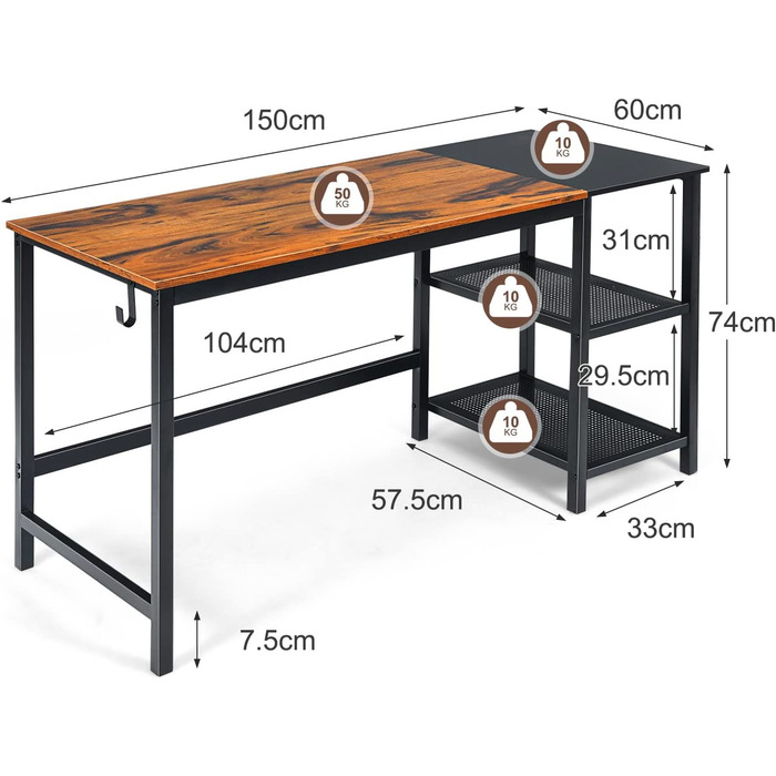 Комп'ютерний стіл COSTWAY 150 см, стіл зі знімними відділеннями для зберігання, промисловий стіл для ноутбука зі сталевою рамою з гачком для навушників, стіл для ПК для домашнього офісу (коричневий)