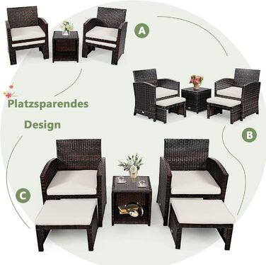 Садовий набір меблів GIANTEX 5 предметів ротанг: 2 крісла, 2 пуфи, столик - для балкона та саду з білими подушками