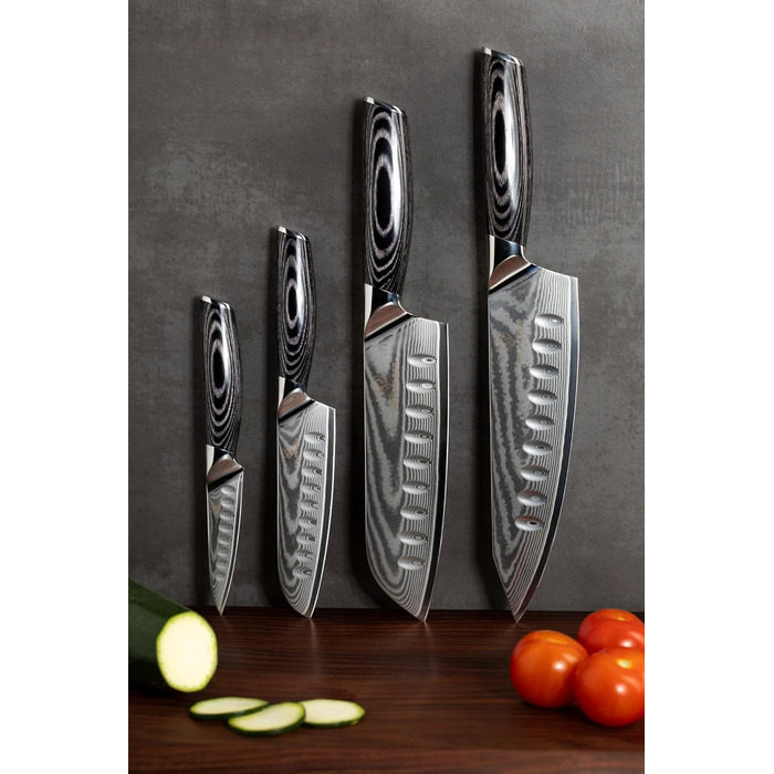 Набір кухонних ножів Wolfblood PRO Damaststahl XL (4 ножі) з нержавіючої сталі Дамаск, 33/31/23/19 см, з сертифікацією TÜV, 62 HRC, з дерев'яною ручкою, подарункова коробка та захист леза