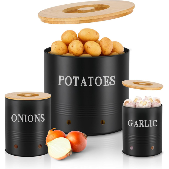 Набір контейнерів для зберігання картоплі, цибулі та часнику Lannvan | 3 шт. з бамбуковим кришками | З вентиляцією та захистом від світла (чорний)