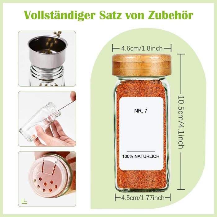 Набір бамбукових кришок для спецій | 12 скляних контейнерів для спецій з бамбуковими кришками | Організатор спецій для кухні | 120 мл