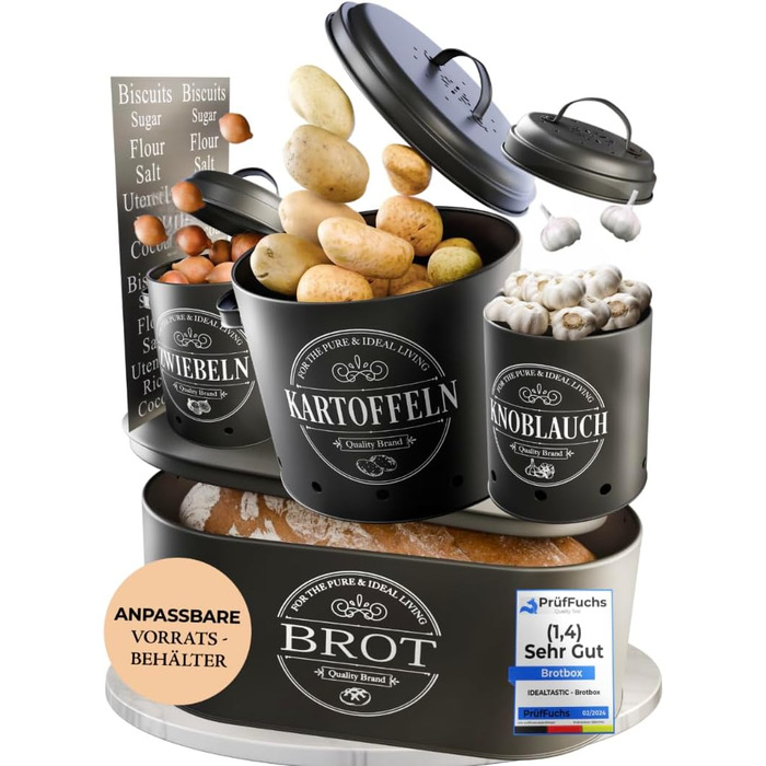 Набір контейнерів для зберігання продуктів IDEALTASTIC® Premium [3 шт по 500г] - Герметичні банки для кави, цукру, борошна (чорний)