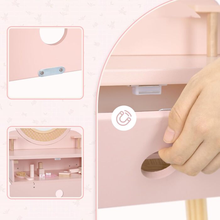 Дитячий туалетний столик OOOK для дівчаток з дзеркалом та табуретом, рожевий, з дерева