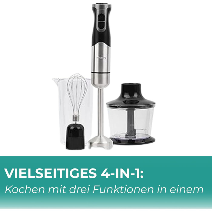 Електричний набір ручного блендера Niceey 4-в-1 - блендер/подрібнювач, блендер і насадка для віночка - мірні стаканчики для смузі, супів, соусів та дитячого харчування - 1000 Вт - RVS - чорний