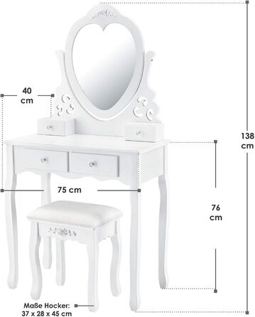 Туалетний столик Juskys Julia, дзеркало, табурет, 4 ящики, 74x40x138 см, Кантрі Стайл, МДФ, Білий