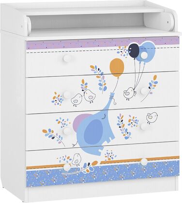 Дитяча пеленальна комода Shefa Kids Elefant з повітряною кулькою – 4 шухляди, з відкидним столиком, для дитячої/немовлятньої кімнати, ергономічна пеленальна станція, білий слон