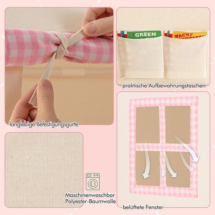 Дитячий намет GOPLUS з м'яким килимком, зірочками та китицями, ігровий будиночок для дому та вулиці з вікнами, дверима та кишенями, для дітей від 3 років (Рожевий)