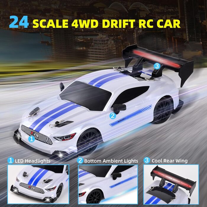 RC Автомобіль Drift Car 1:24 4WD 2.4GHz, 20 км/год, з LED підсвіткою та двома акумуляторами, для дітей (білий)