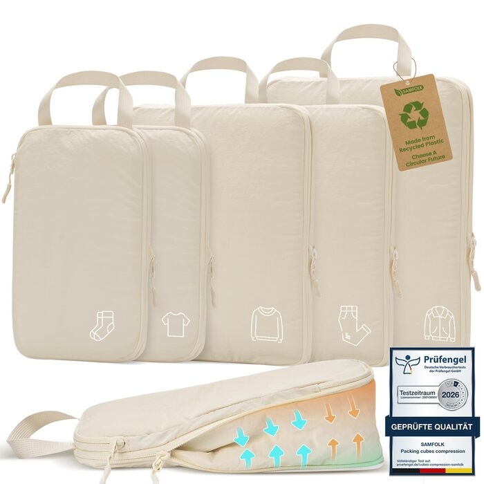 Набір органайзерів для одягу в подорож Compression Packing Cubes, компресійні сумки для валізи та рюкзака, нейлонові органайзери для речей, бежевий, 5 шт.