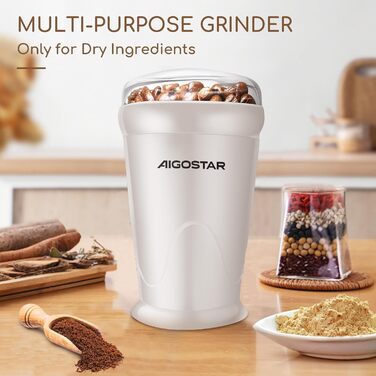 Кавомолка електрична Aigostar для кави, спецій та горіхів, нержавіюча сталь, 60г, 200 Вт, біла