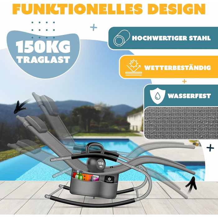 Крісло-шезлонг KESSER® для саду | Зручне крісло-гойдалка | Крісло для відпочинку на відкритому повітрі | Посилена конструкція (150 кг) | Сірий колір