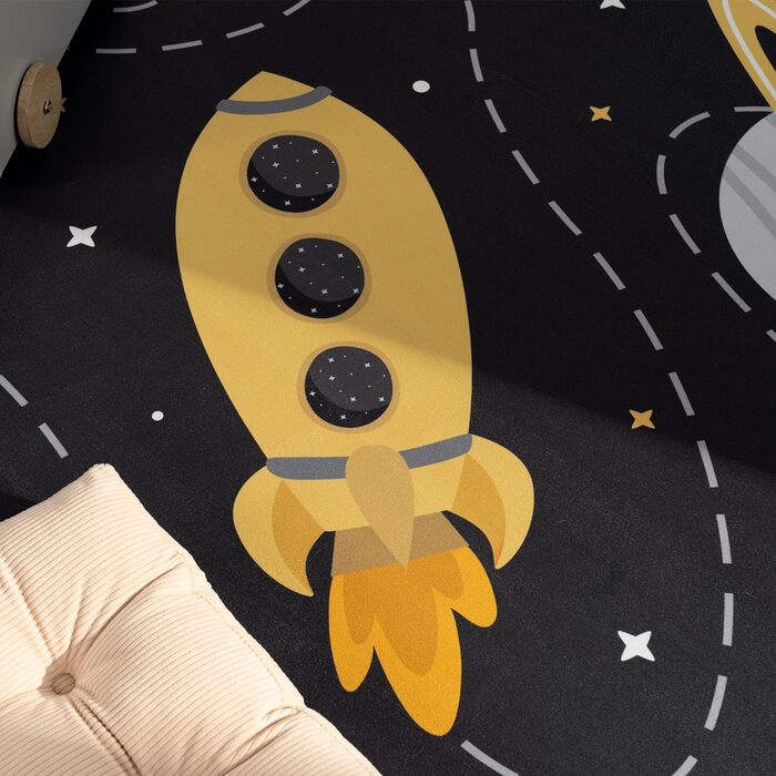 Килим Дитяча Дитяча Килим Нековзний Хлопчик Дівчинка Дитячий ігровий килимок Rocket Planet Stars Сучасний Можна прати в пральній машині Сірий Синій Жовтий, Розмір 200 см Квадрат