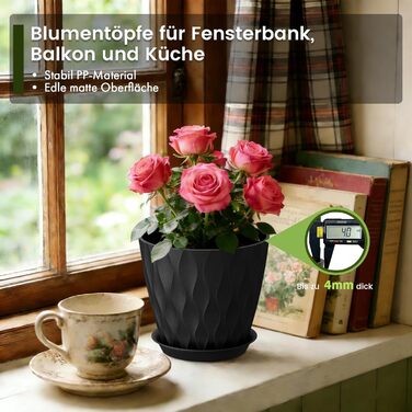 Набір горщиків для квітів 20 см, 5 шт. Чорні пластикові горщики з підставкою та дренажними отворами, 3D-текстура, для монстери, герані та кімнатних рослин, внутрішнє та зовнішнє використання