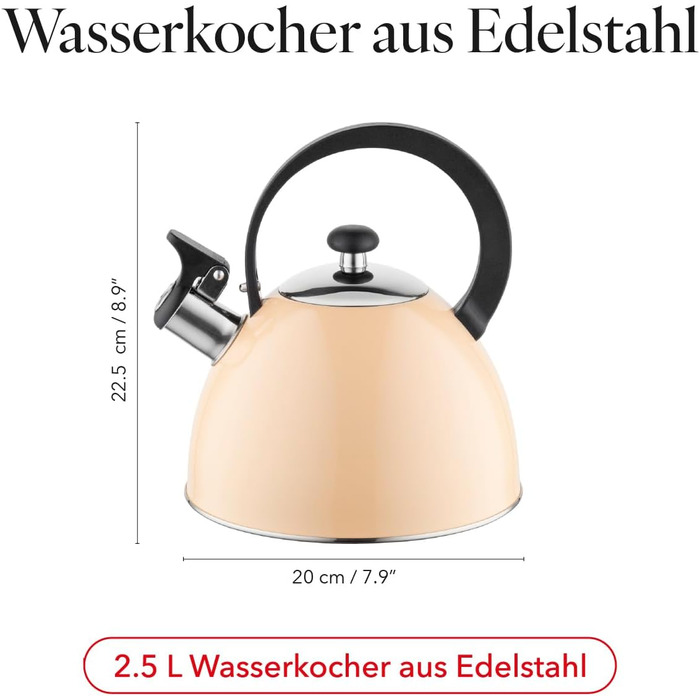 Чайник FLORINA Fenny Satin Induktion 2.5L з флейтою, нержавіюча сталь, Cool-Touch, сучасний дизайн (Brillo - персиковий)
