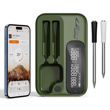 Бездротовий термометр для м'яса з 2 зондами, Bluetooth 5.4, Wi-Fi, LED-дисплей, для приготування BBQ та кулінарії