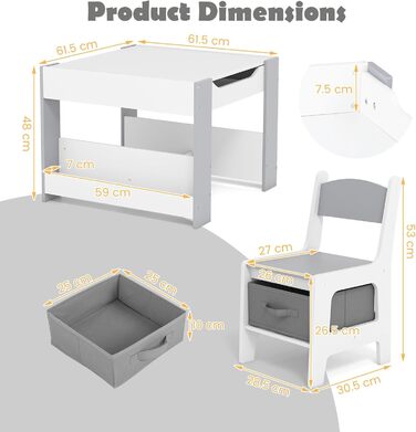 Дитячий стіл LIFEZEAL 3 в 1 з 2 стільцями: стіл для малювання, активностей та обідній стіл. Дитяча меблева група з дерева з місцем для зберігання (сірий)