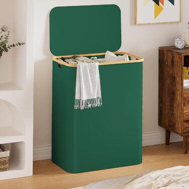 Кошик для білизни Youdenova з кришкою, великий, 160л, бамбук/дерево, сортувальник, білий