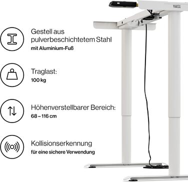 Стол Yaasa Frame Basic S: Регульована висота, USB-порт, телескопічний механізм, блокування клавішами (білий)