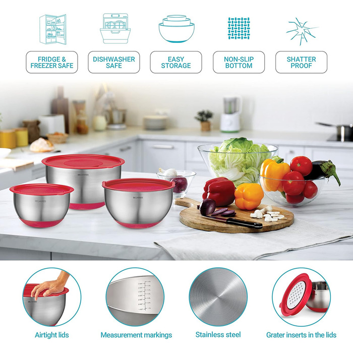 Набір місок для перемішування з кришками (5 шт.) - міски для зберігання продуктів з кришками та терткою - нержавіюча сталь, антиковзаюче покриття, для випічки та приготування їжі
