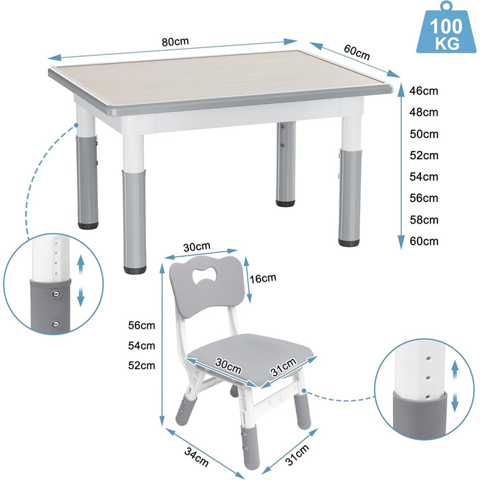 Дитячий стіл зі стільцями, регульована висота, 3 частини, пластиковий стіл-парта для дитячої кімнати, 80x60 см