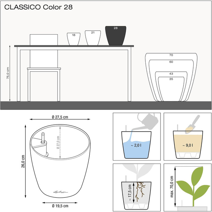 Горщик для квітів LECHUZA CLASSICO Color 28 сірий, 13204, 28.5x28.5x26 см