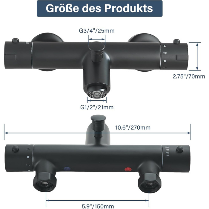 Змішувач для ванни з термостатом, чорний, настінний монтаж - універсальний для ванни та умивальника
