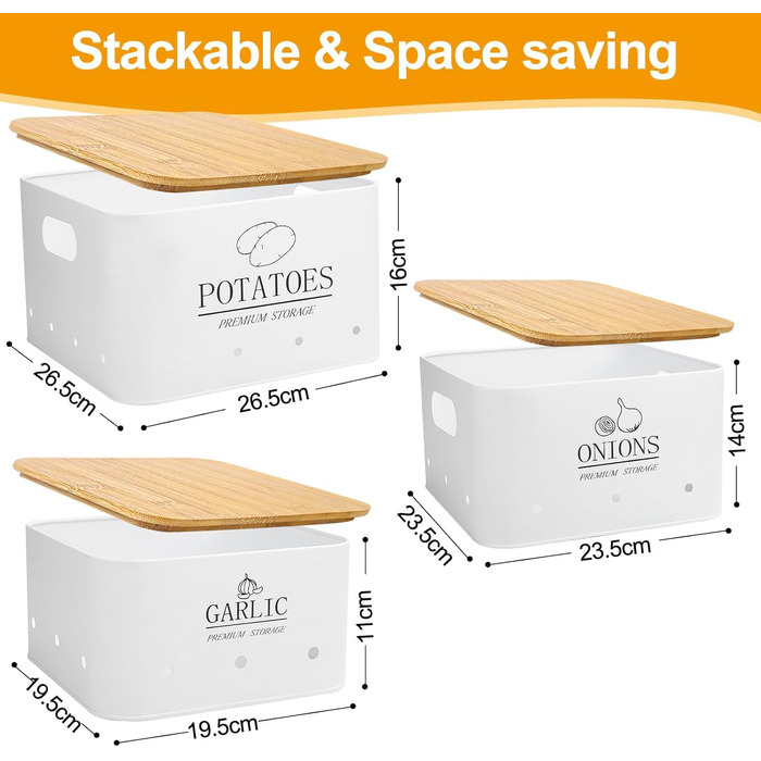 Набір контейнерів для зберігання картоплі, цибулі та часнику (3 шт.) з бамбуковим кришками - зберігає овочі свіжими довше. Чорний (Blanc)