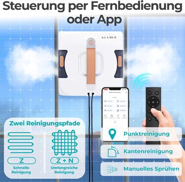Робот-прибиральник вікон KLAMER 3500 Pa – автоматичний мийник вікон з резервуаром 100 мл, функцією вологого прибирання, розпізнаванням країв, тихий (60 дБ), захист від падіння та смарт-планування. Білий